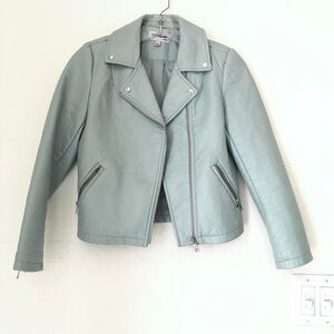 Girls kids baby blue faux leather bomber biker jacket size L  Measurement in pic
